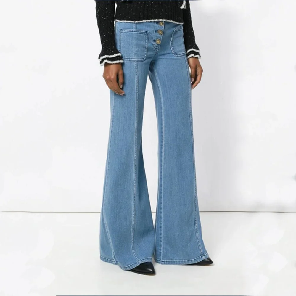 Chloe 6 / F 38 Denim Wide Flare Jeans Bell Bottom Button Fly Patch Pocket - Picture 3 of 15